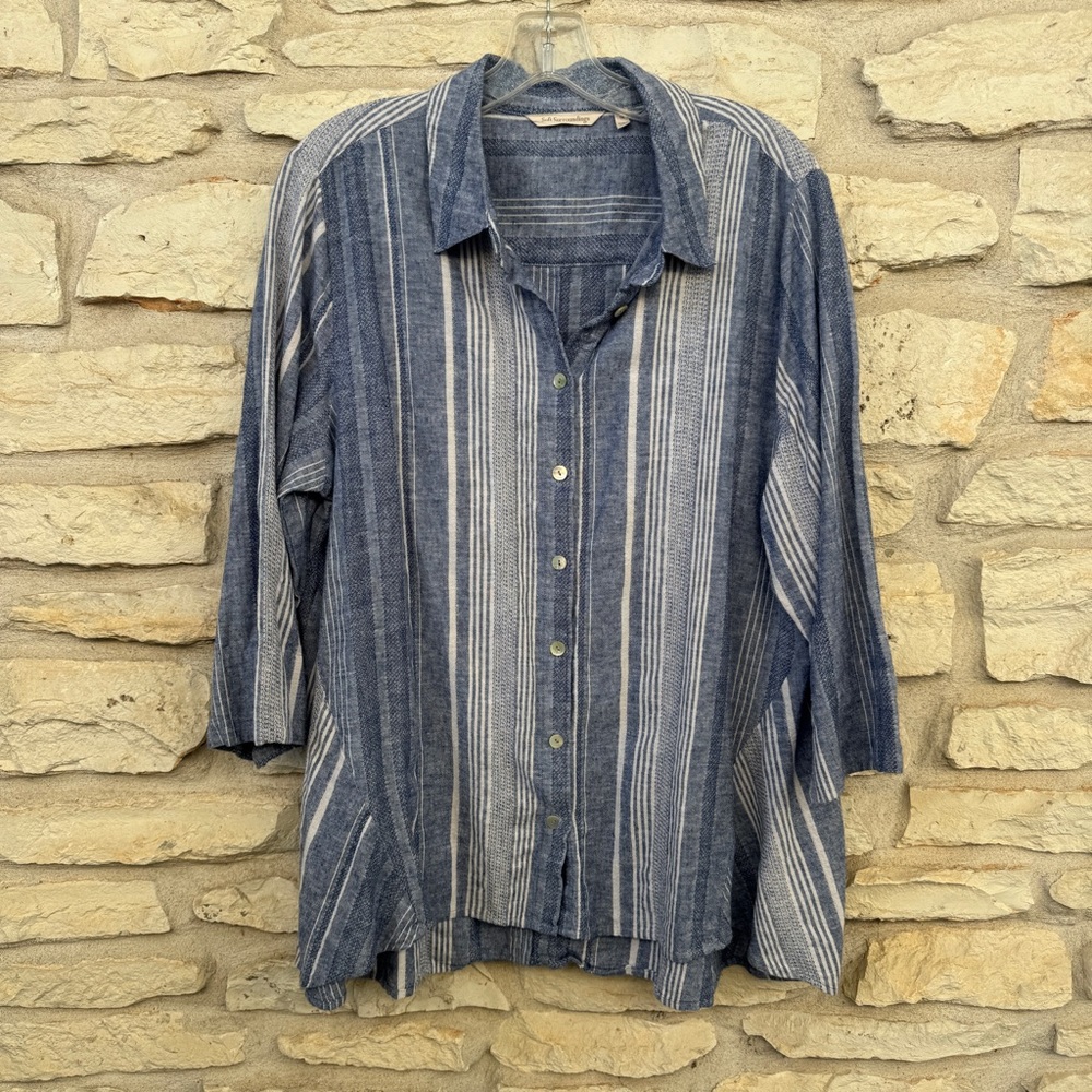 Soft Surroundings Navy and White Striped Women’s Shirt Linen Blend 3/4 Sleeve